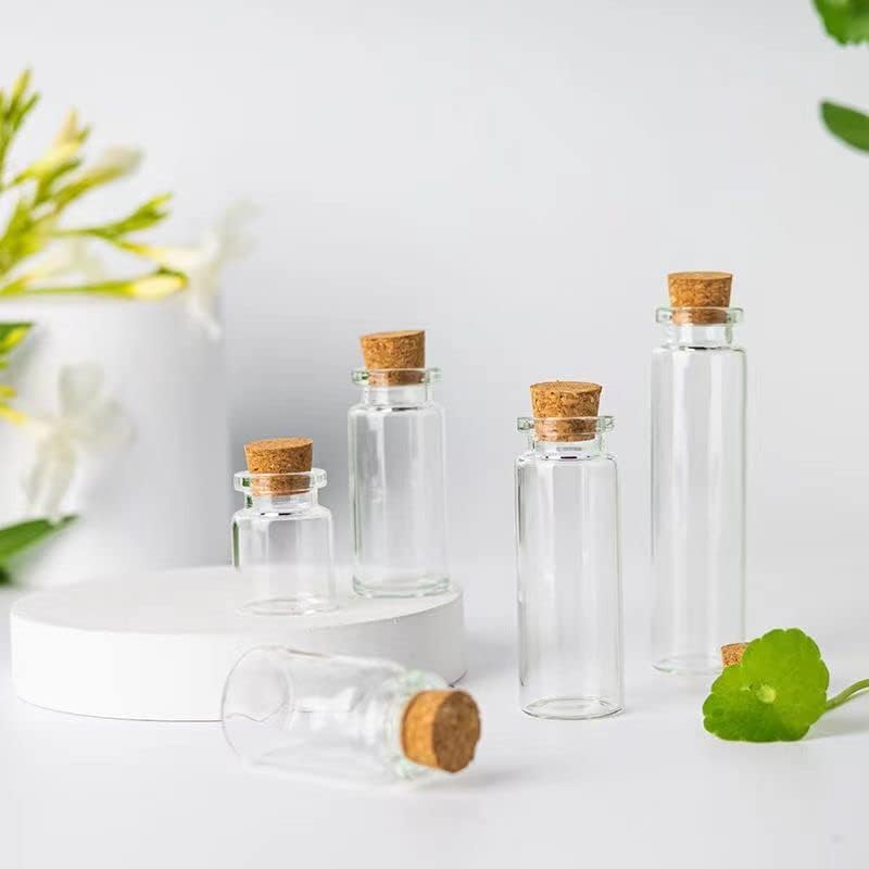 Paquete de 20 botellas de vidrio de 0.7 onzas líquidas con tapón de corcho, botellas de vidrio de muestra vacías, pequeños frascos transparentes,