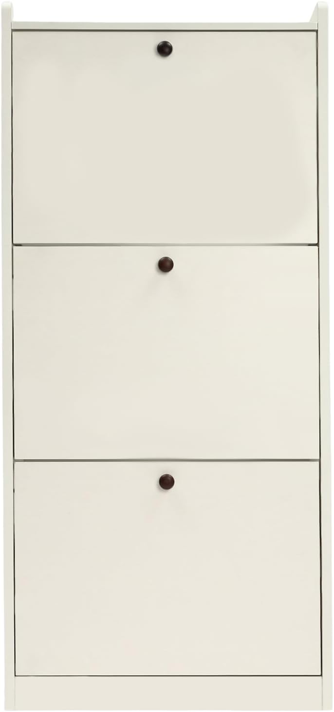 Zapatero moderno de 3 niveles blanco organizador de almacenamiento de pie, organizador de zapatos ajustable estante independiente con 3 puertas