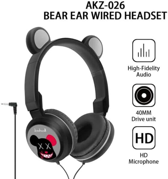 Auriculares con cable para niños para batería electrónica. Plegable y ajustable, diseño de oreja de oso, conector de 0.138 in