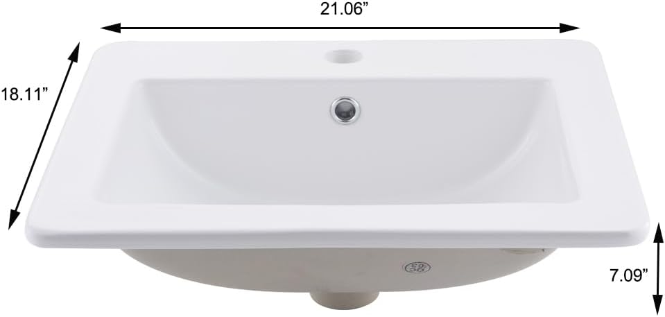 Fregadero de baño de 21 x 18 pulgadas, rectangular, color blanco, de porcelana, de cerámica, con grifo negro y desagüe desplegable