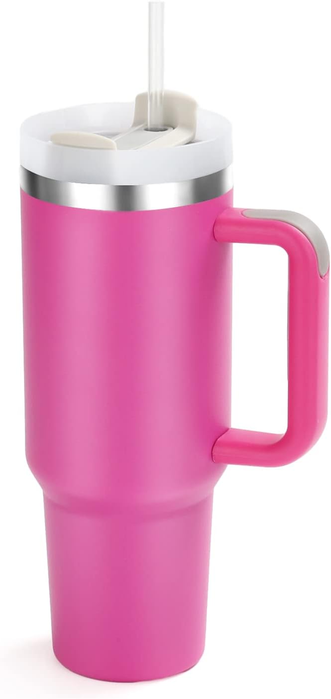 Vaso de 40 onzas con asa, taza aislada con popote y tapa, acero inoxidable al vacío de doble pared