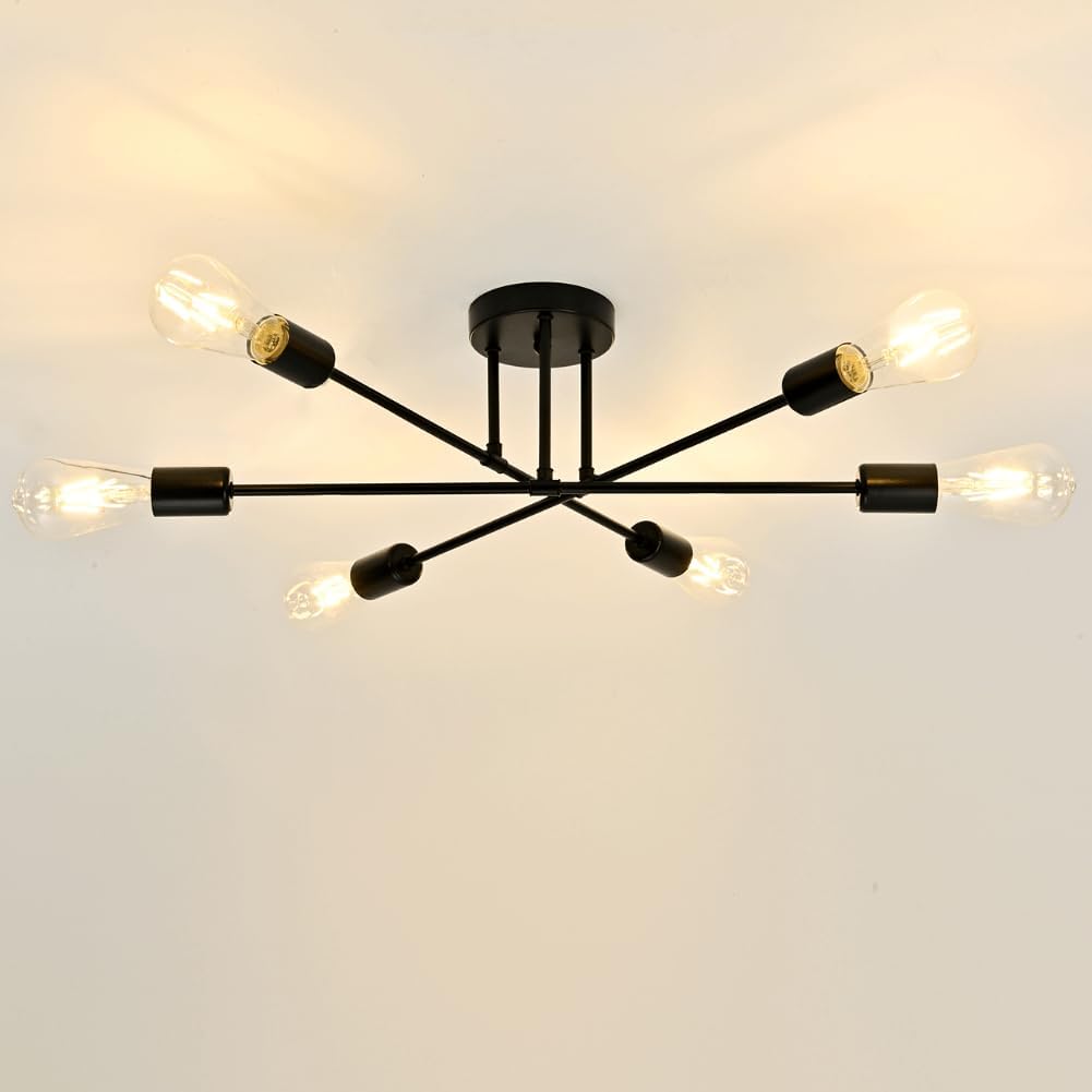 Candelabro Sputnik de metal industrial para sala, comedor, dormitorio, cocina, granja, oficina (6 luces, negro, ancho 23.8 pulgadas, altura 7.1