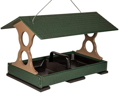 JCs Wildlife Comedero grande para pájaros verde y marrón con bandeja extraíble para semillas con orificios de drenaje, capacidad para 8 tazas de