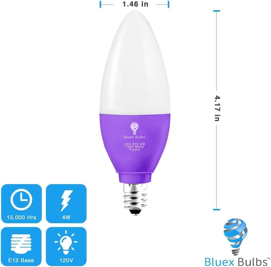 BlueX – Paquete de 6 bombillas LED moradas de 4 W (equivalente a 40 vatios) – Base E12 púrpura bombilla LED morada, decoración de fiestas, porche,