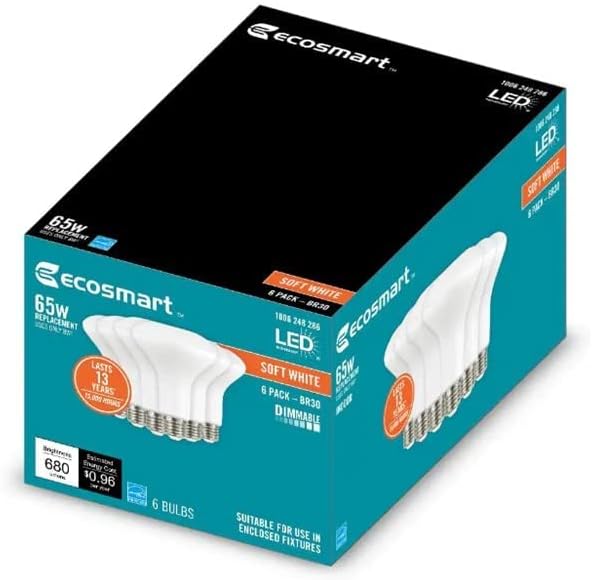 EcoSmart – Bombilla LED Energy Star de 65 vatios equivalente a BR30 regulable, color blanco suave (paquete de 12)