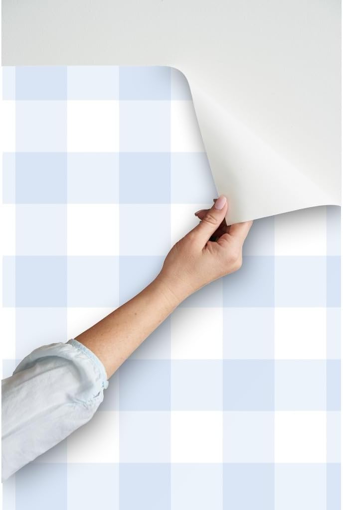 Spoonflower Despegar y pegar papel tapiz Swatch – Azul Gingham grande Check Inch Niños Decoración del hogar Blanco Papel pintado extraíble