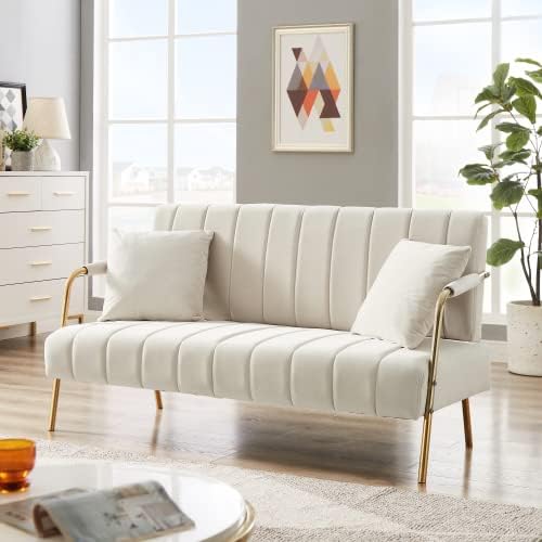 Sofá biplaza de terciopelo con 2 almohadas, sofá de tela con patas de metal para espacios pequeños, sofá modular suave de 2 asientos para sala de