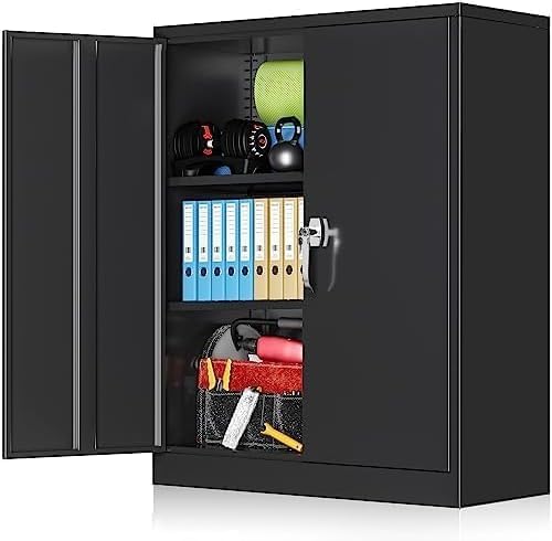 Greenvelly Armario de metal para garaje, armario de almacenamiento de metal con bloqueo de 36 pulgadas de alto con 2 puertas y estantes ajustables,