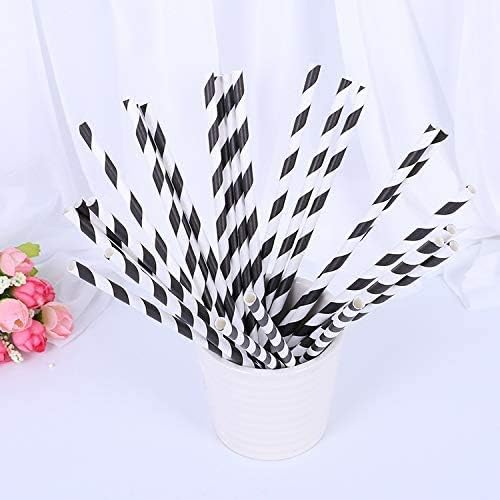 Pajitas de papel a rayas blancas y negras, 100% biodegradables y compostables pajitas de beber a rayas negras para suministros de fiesta,