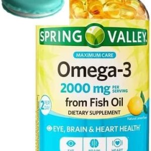 Spring Valley Omega-3 de aceite de pescado de 2000 mg, ojos, cerebro, salud cardíaca, limón, 180 cápsulas blandas + 1 mini recipiente para pastillas Spring Valley Omega-3 de aceite de pescado de 2000 mg, ojos, cerebro, salud cardíaca, limón, 180 cápsulas blandas + 1 mini recipiente para pastillas