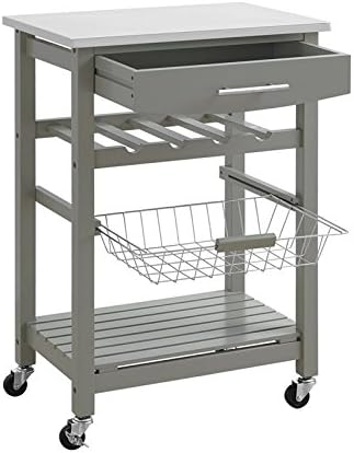 Carrito de microondas de isla de cocina rodante de madera de pino con almacenamiento en gris