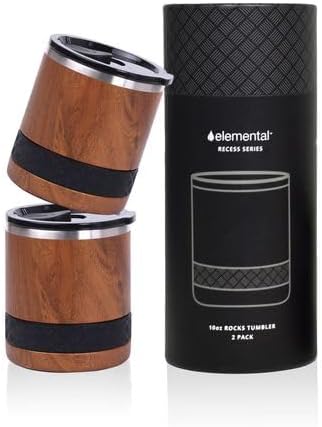 Elemental Juego de 2 vasos de baja bola de 10 onzas, taza de acero inoxidable de triple pared con tapa Tritan no rota, vaso de whisky aislado, taza