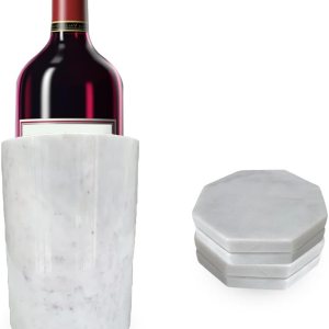 Enfriador de vino grande enfriador de vino de mármol blanco, ideal para fiestas y ocasiones. Este juego incluye 4 posavasos de mármol. Enfriador de vino grande enfriador de vino de mármol blanco, ideal para fiestas y ocasiones. Este juego incluye 4 posavasos de mármol.