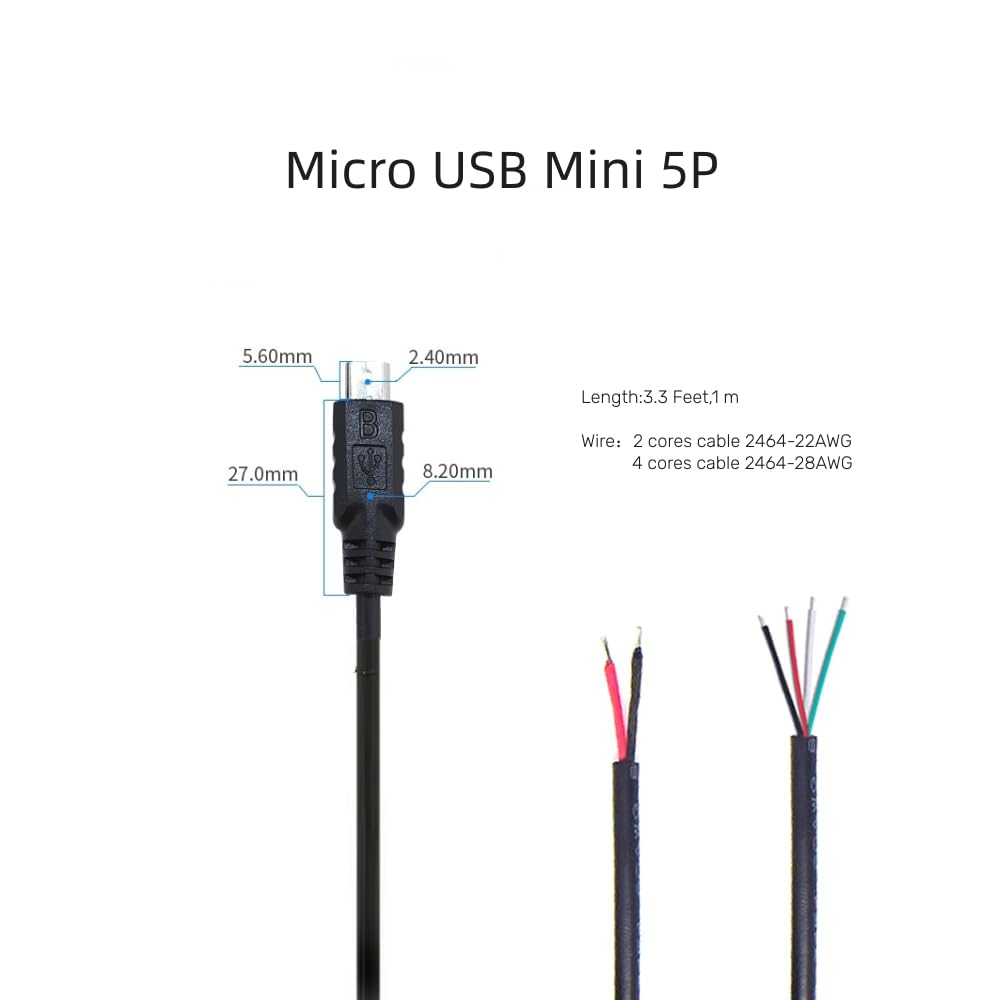 4 unidades mini 5P USB a cable desnudo de extremo abierto 3.3 pies 5V 2.1A 22AWG 2 núcleos y 4 núcleos de alimentación de coleta de reparación de