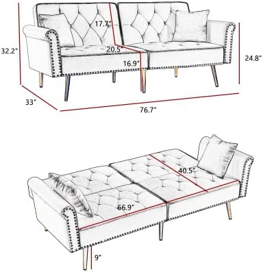 Sofá cama convertible de tela de lino de terciopelo de 76 pulgadas, sofá futón de espuma viscoelástica, sofá cama moderno con respaldo ajustable y 2
