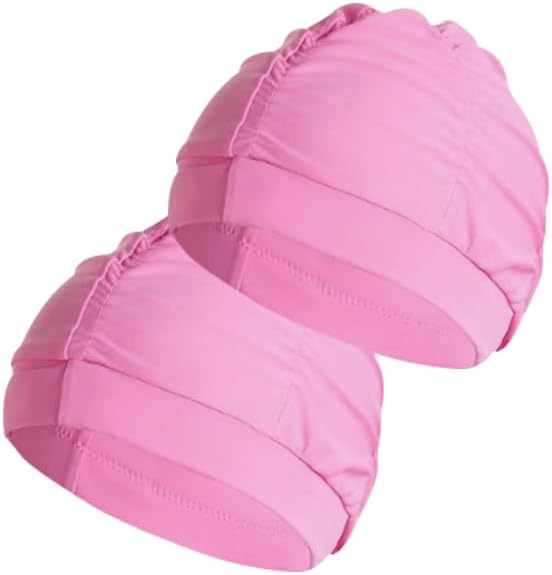 2 gorras de natación de tela rosa para mujer, tela duradera, no impermeable, elástica, gorra de baño para cabello largo