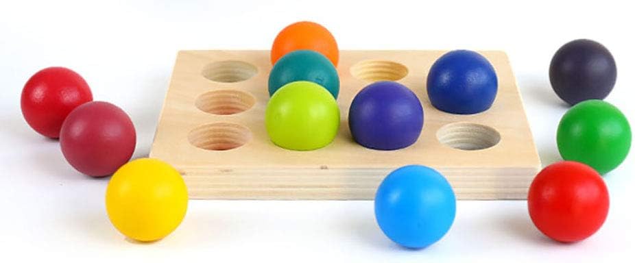 Pelotas de madera arcoíris con bandeja, 12 piezas de clasificación y juego educativo Montessori juguete para niños pequeños, bolas más grandes para