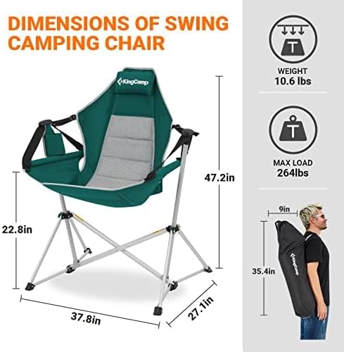 KingCamp Hamaca, silla de camping, mecedora oscilante para adultos, césped, playa, silla plegable portátil con soporte trasero ajustable, soporte