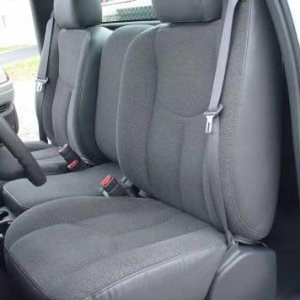 Fundas de asiento Chevy Silverado y GMC Sierra Work Truck en color gris de sarga, delanteros de 402040, asiento dividido con controles manuales y Fundas de asiento Chevy Silverado y GMC Sierra Work Truck en color gris de sarga, delanteros de 402040, asiento dividido con controles manuales y