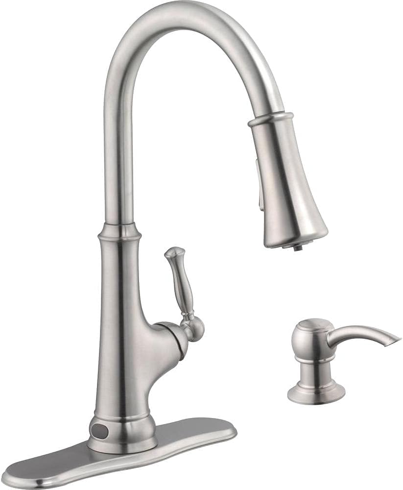 Glacier Bay Grifo de cocina con pulverizador desplegable de una sola manija sin contacto con luz LED