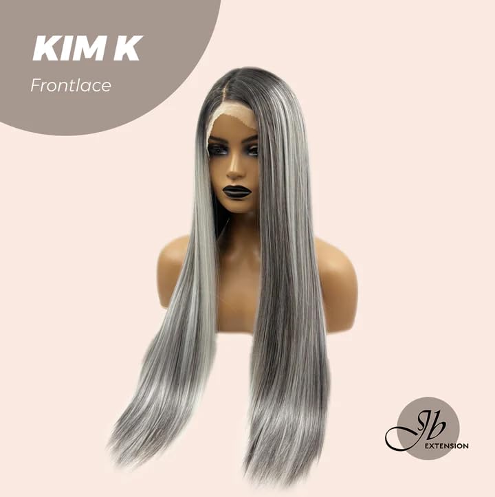 KIM K – Peluca de encaje frontal extra larga, recta, color gris oscuro con reflejos para mujer, pelucas sintéticas naturales para uso diario