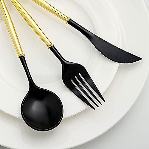 BalsaCircle – Juego de 24 cubiertos desechables de plástico negro y dorado, cuchara, tenedor y cuchillo, suministros de decoración de recepción