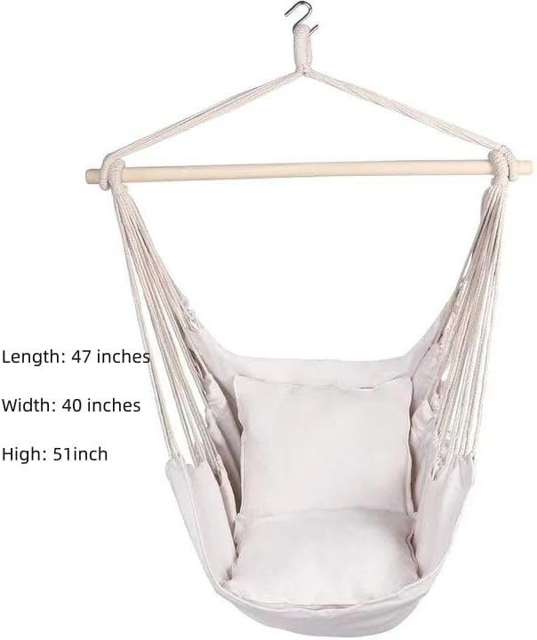Silla hamaca, silla colgante grande de macramé con columpio de cuerda para colgar, 2 cojines incluidos, máximo 500 libras, tejido de algodón para