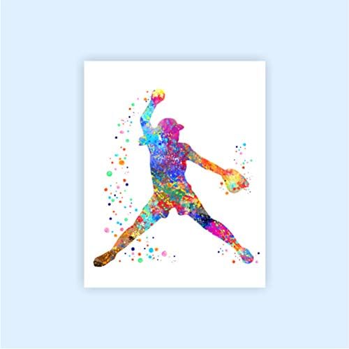 Dignovel Studios Sin marco (juego de 6) 8X10 Acuarela Chica Béisbol Softbol casco guante bola bat blazer deporte impresión dormitorio pared arte dnc4