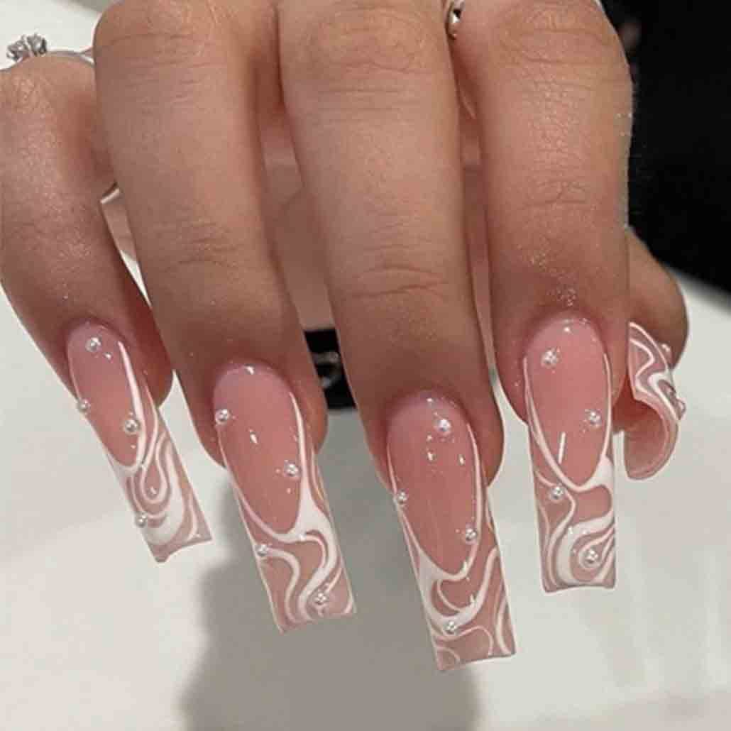 Foccna Uñas postizas cuadradas largas, color rosa perla, uñas postizas acrílicas, uñas artificiales para mujeres y niñas, 24 piezas