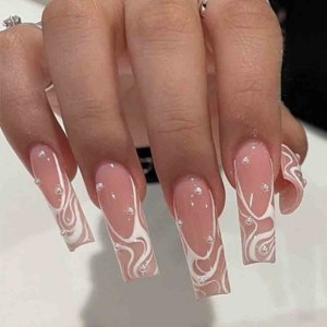 Foccna Uñas postizas cuadradas largas, color rosa perla, uñas postizas acrílicas, uñas artificiales para mujeres y niñas, 24 piezas Foccna Uñas postizas cuadradas largas, color rosa perla, uñas postizas acrílicas, uñas artificiales para mujeres y niñas, 24 piezas
