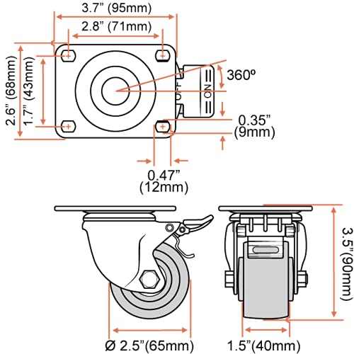 FactorDuty Ruedas giratorias de poliuretano resistentes de 2.5 pulgadas con freno de bloqueo total, doble rodamiento de bolas, grado industrial,
