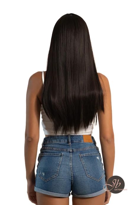 LUNA – Peluca larga y lacia de color negro natural con flequillo completo, para usar y llevar, sin pegamento, pelucas sintéticas naturales para uso