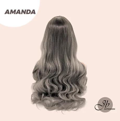 AMANDA – Peluca balayage gris con flequillo completo, larga y rizada, sin pegamento, pelucas sintéticas naturales para uso diario (pelucas de