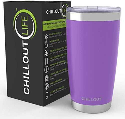 CHILLOUT LIFE Vaso de acero inoxidable de 20 onzas con tapa, taza de café aislada al vacío de doble pared con tapa a prueba de salpicaduras y popote