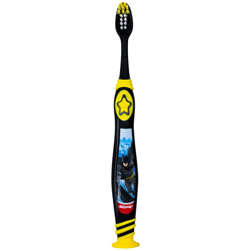 Colgate Batman – Cepillo de dientes para niños con ventosa, niños de 5 años en adelante, extra suave (los colores varían), paquete de 2