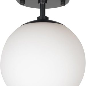 Beuhouz – Lámpara de techo semiempotrada con forma de globo, de metal negro de mediados de siglo, con pantalla redonda de vidrio blanco, 1 luz E26 Beuhouz – Lámpara de techo semiempotrada con forma de globo, de metal negro de mediados de siglo, con pantalla redonda de vidrio blanco, 1 luz E26