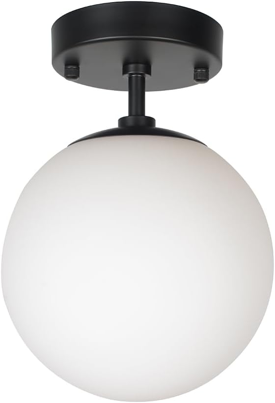 Beuhouz – Lámpara de techo semiempotrada con forma de globo, de metal negro de mediados de siglo, con pantalla redonda de vidrio blanco, 1 luz E26