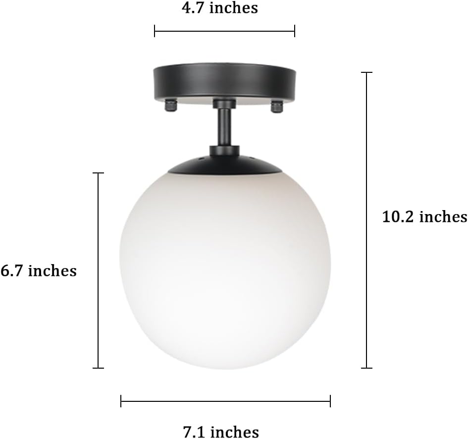 Beuhouz – Lámpara de techo semiempotrada con forma de globo, de metal negro de mediados de siglo, con pantalla redonda de vidrio blanco, 1 luz E26