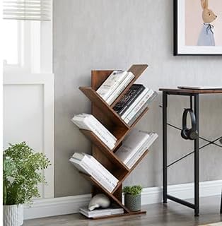 Somdot Estantería de madera de 6 niveles para CD, películas y libros, diseño retro con estantes organizadores para dormitorio, sala de estar y