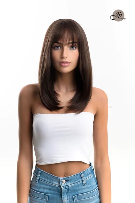 FEDERICA – Peluca lacia marrón con flequillo completo, pelucas sin pegamento para mujer, pelucas de cabello largo sintético natural para uso diario