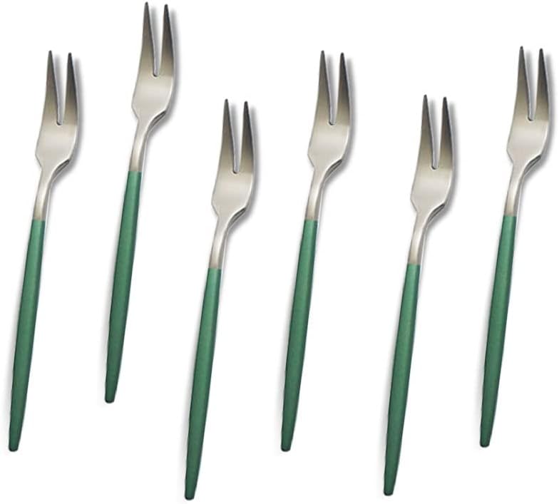 JASHII Juego de 6 tenedores de cóctel y tenedores de aperitivo de 2 dientes verdes y plateados, acabado satinado, mini tenedor de fruta de acero