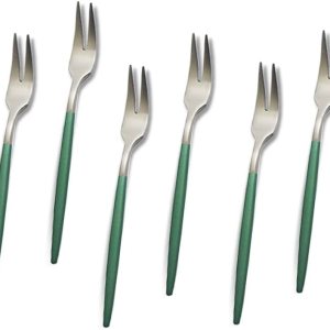 JASHII Juego de 6 tenedores de cóctel y tenedores de aperitivo de 2 dientes verdes y plateados, acabado satinado, mini tenedor de fruta de acero JASHII Juego de 6 tenedores de cóctel y tenedores de aperitivo de 2 dientes verdes y plateados, acabado satinado, mini tenedor de fruta de acero