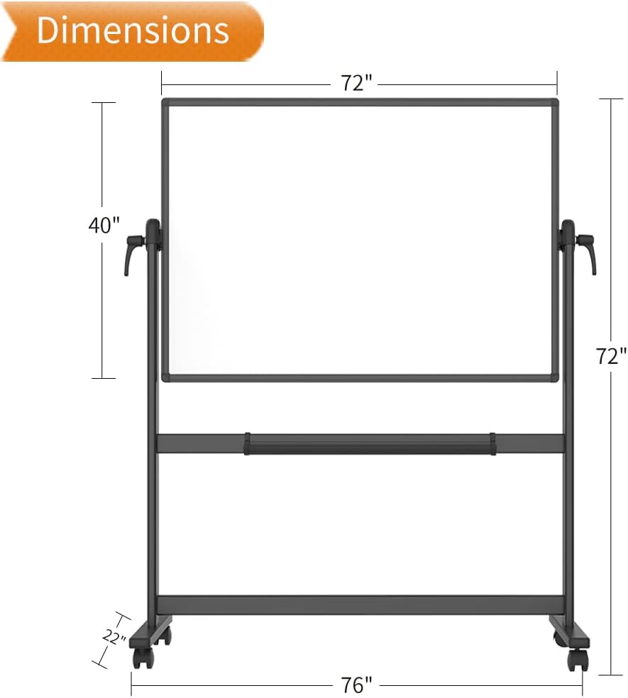 VIZ-PRO Pizarra blanca móvil magnética de doble cara de 72 x 40 pulgadas, marco y soporte de aluminio negro, con 12 marcadores