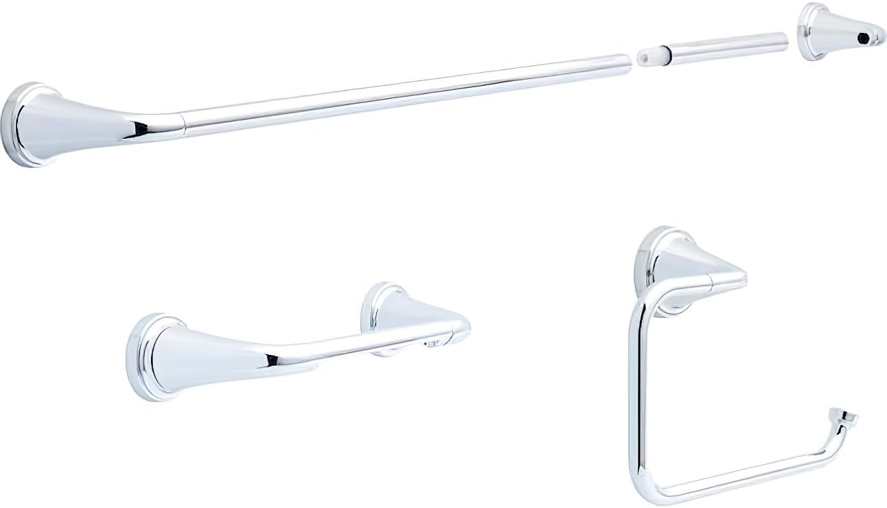 Delta Faucet LRK63-PC Larkin – Juego de accesorios de baño de 3 piezas, cromo pulido el juego incluye toallero, soporte para papel higiénico y