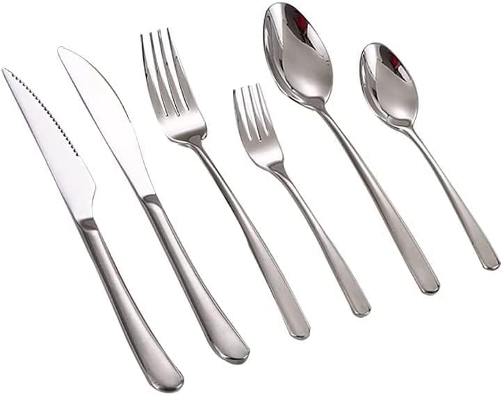Juego de cubiertos de acero inoxidable único de 6 piezas, juego de cubiertos plateados con cuchillos de carne para 1, incluye juego de cuchillos de