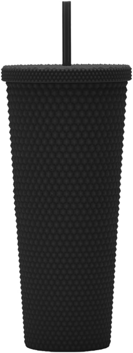 Vaso con tachuelas de 24 onzas. Vaso con tachuelas negras mate con tapa y pajita. Vaso de viaje reutilizable con aislamiento de doble pared. Vaso de