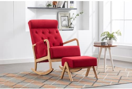 Mecedora con otomana, sillón mecedor de tela tapizada de mediados de siglo con cojín acolchado grueso, respaldo alto, silla mecedora con bolsillo