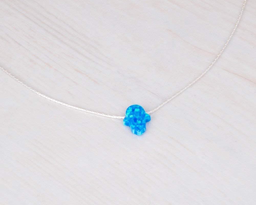 Blue Opal Hamsa on a Sterling Silver Choker Necklace- Handmade Protection Hand Charm Collar – 13.5 + 3 inch extending (royal blue, sterling-silver)