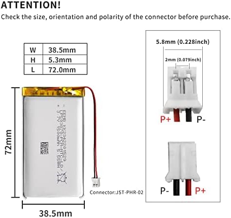 EEMB Batería de polímero de litio 3.7V 1500mAh 503870 Lipo Batería recargable con conector JST de cable para altavoz y dispositivo inalámbrico
