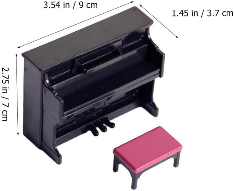 Piano de casa de muñecas, mini juguete de piano vertical, de simulación en miniatura, piano vertical de plástico con taburete y partitura musical,